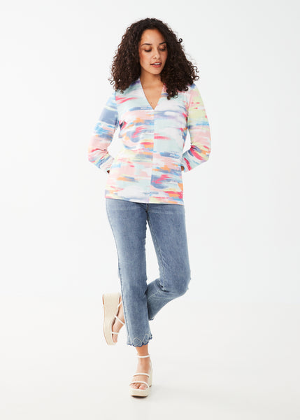V-Neck Multicolour Ruched Sleeve Top. Style FD3477964