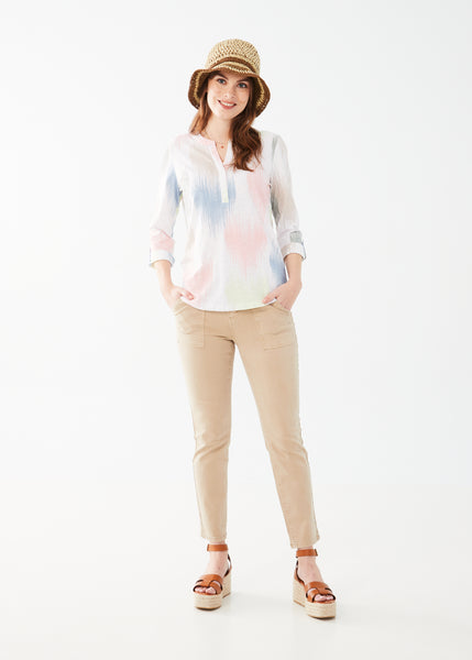 Y-Neck Tab Up Sleeve Top. Style FD3491129