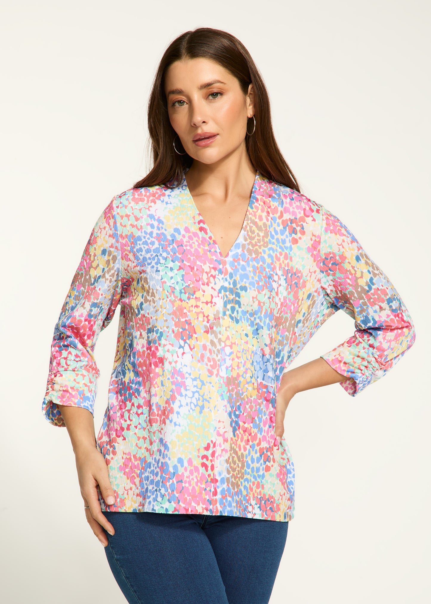 V-Neck Printed Gathered Cuff Top. Style FD3890451