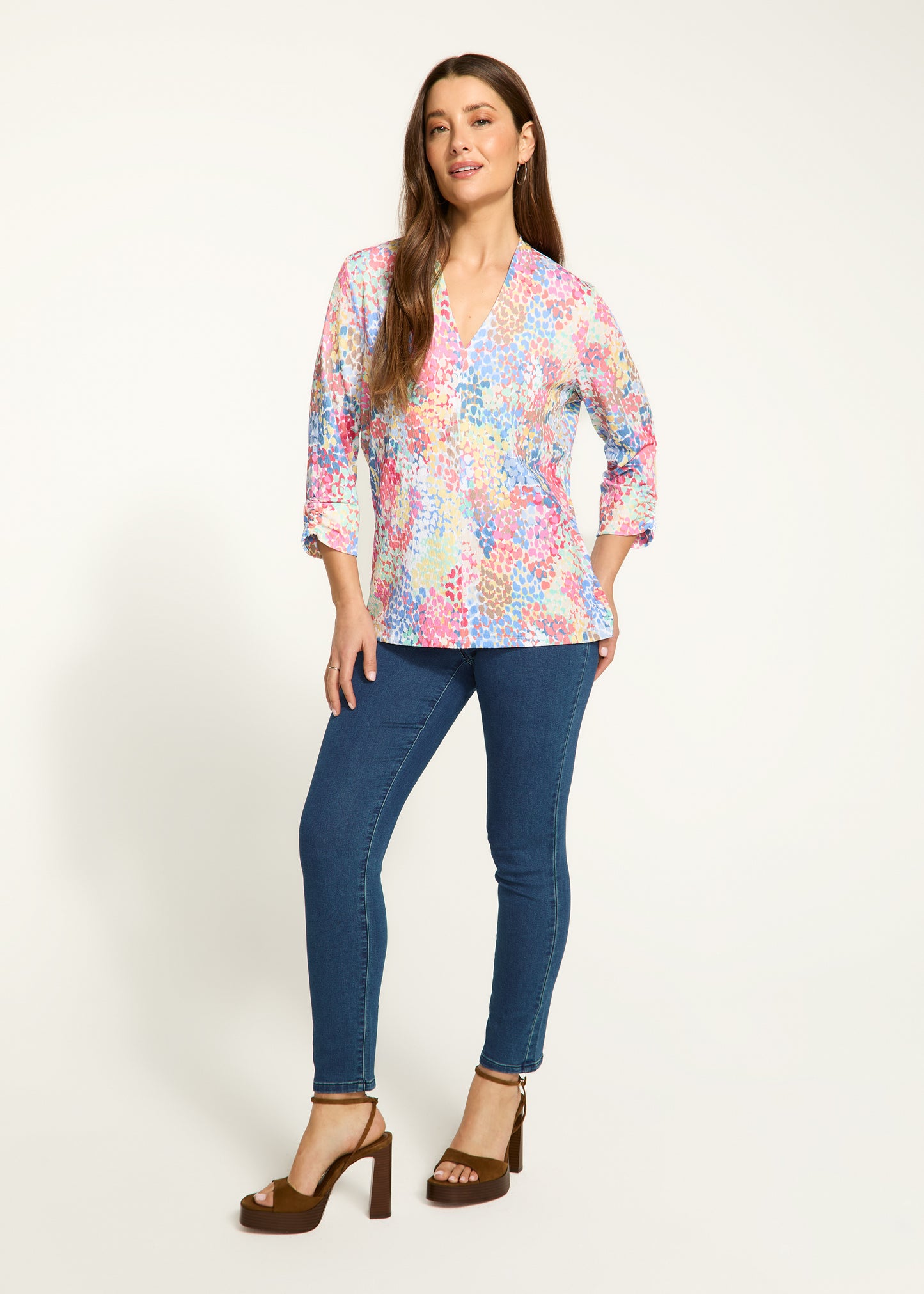 V-Neck Printed Gathered Cuff Top. Style FD3890451