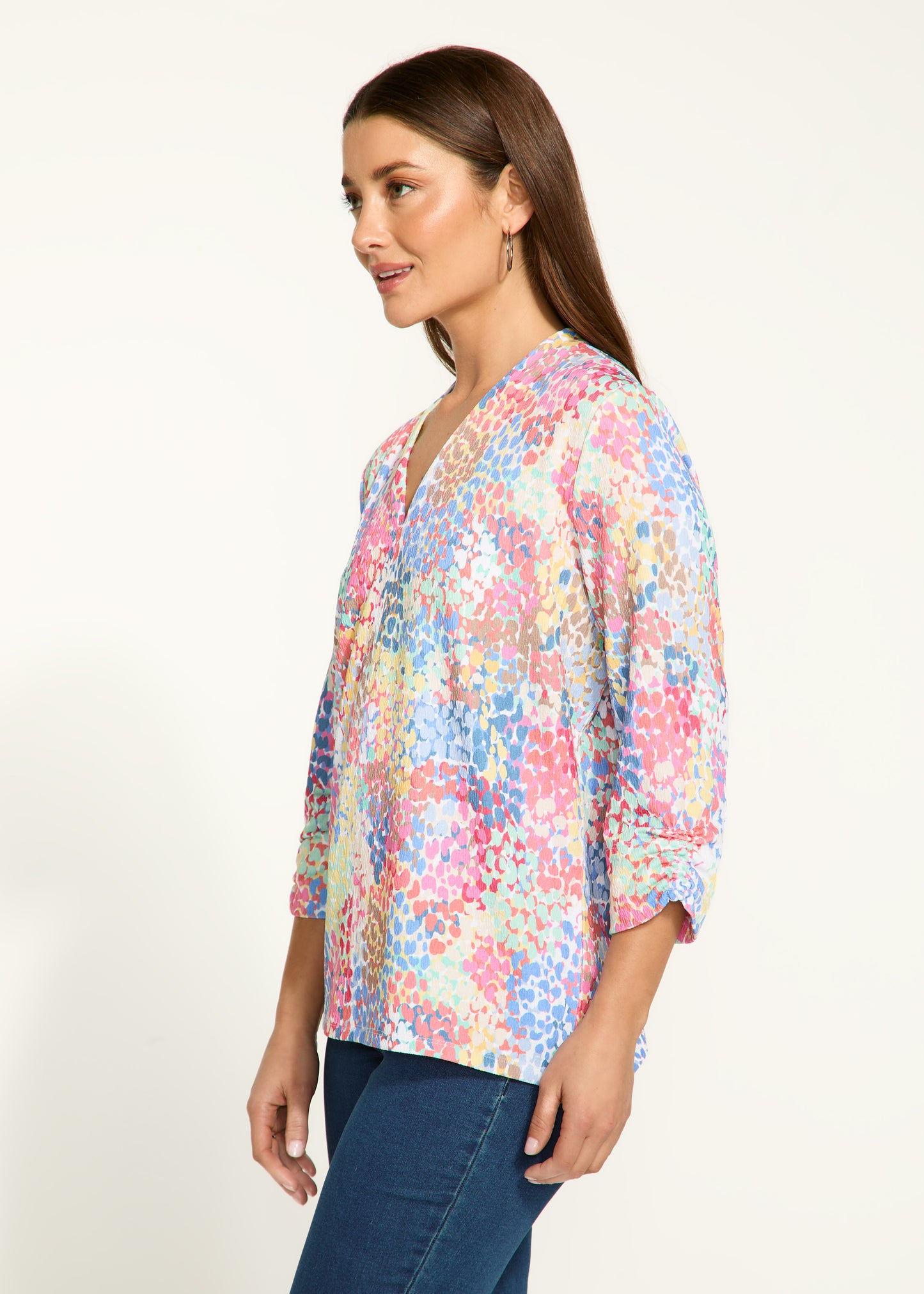 V-Neck Printed Gathered Cuff Top. Style FD3890451