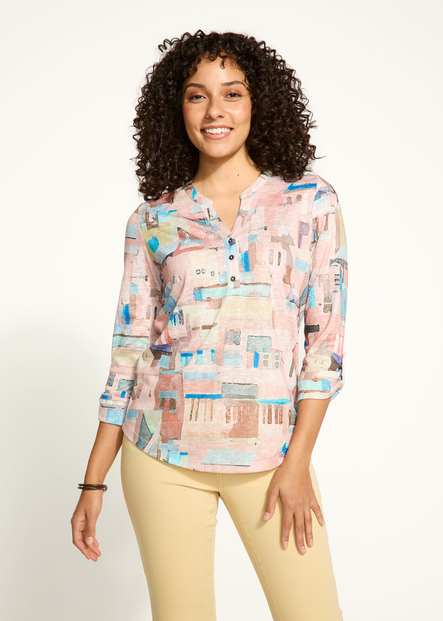 Tab 3/4 Sleeve Printed Top. Style FD3519451