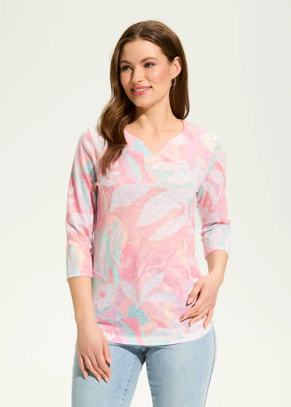 Camo Floral 3/4 Sleeve Notch Neck Top. Style FD3551451
