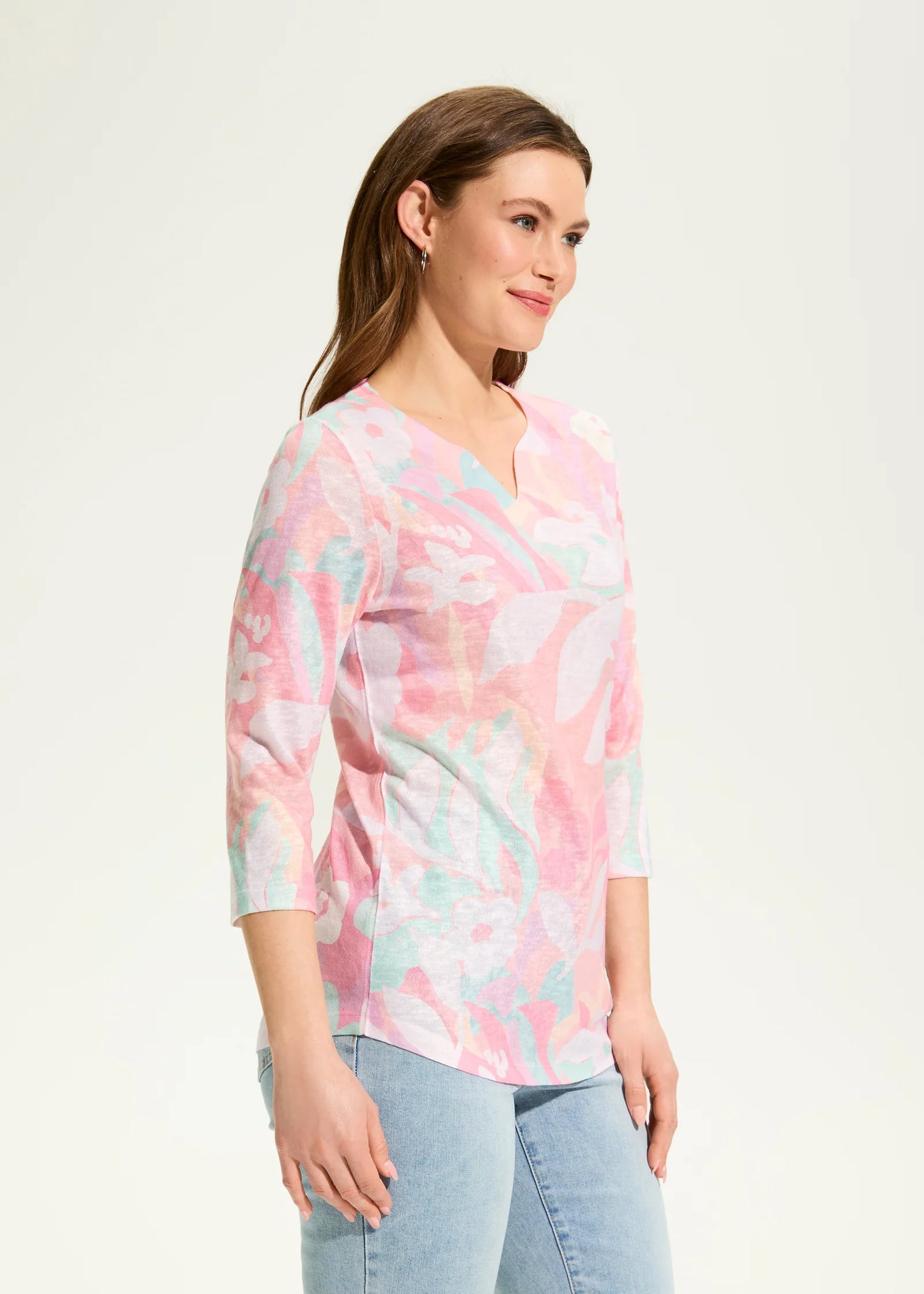 Camo Floral 3/4 Sleeve Notch Neck Top. Style FD3551451