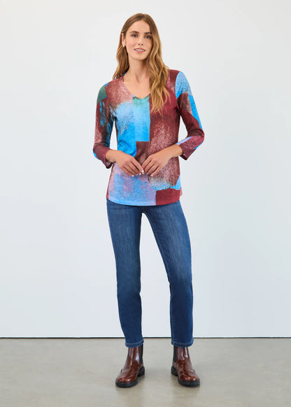 V-Neck Multi Colour 3/4 Sleeve Top. Style FD3677451
