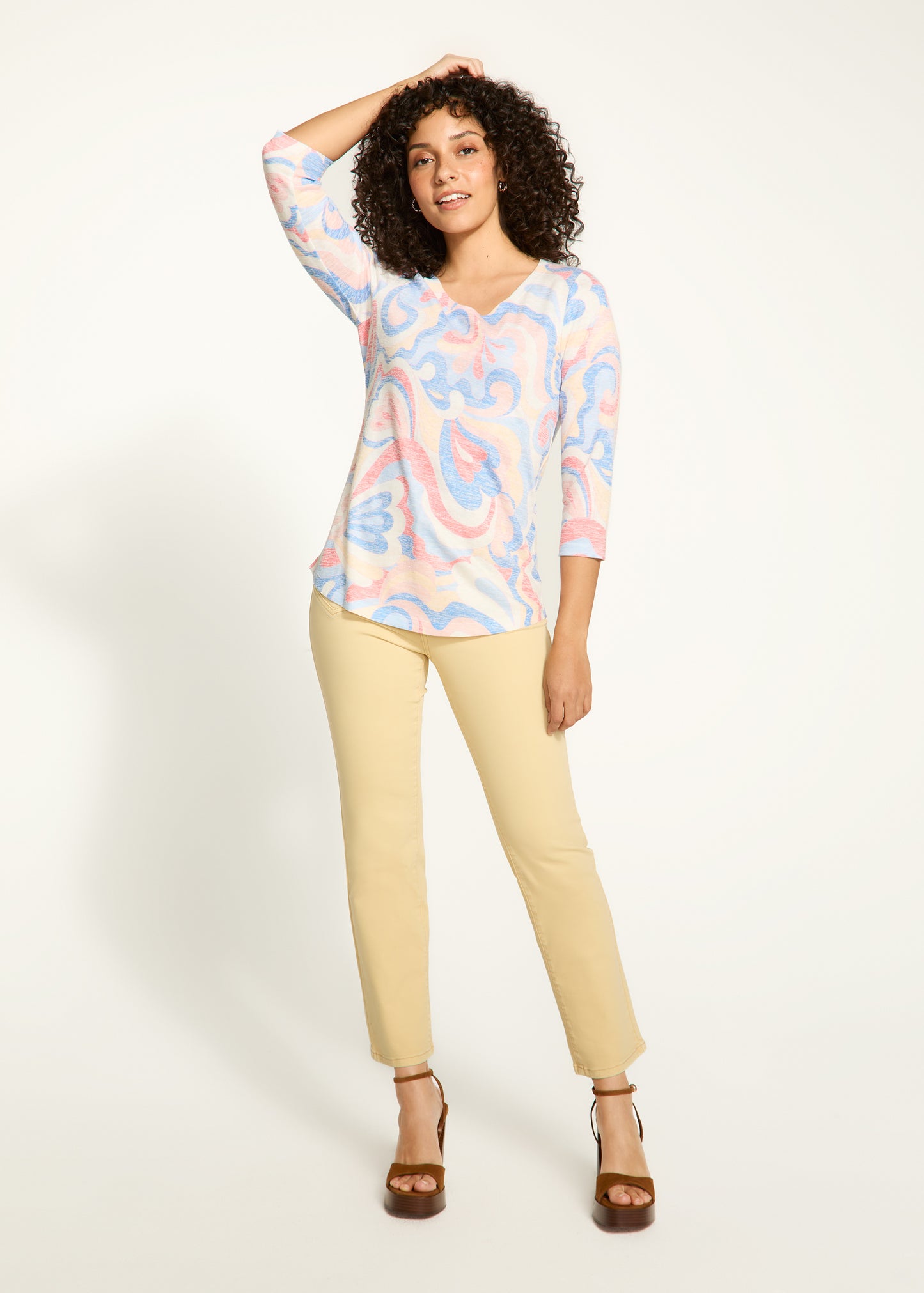 Printed Burnout 3/4 Sleeve Top. Style FD3890451