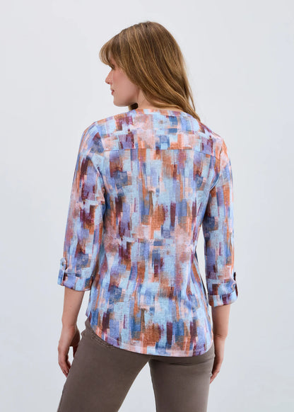3/4 Sleeve Abstract Print Henley Top. Style FD3771451