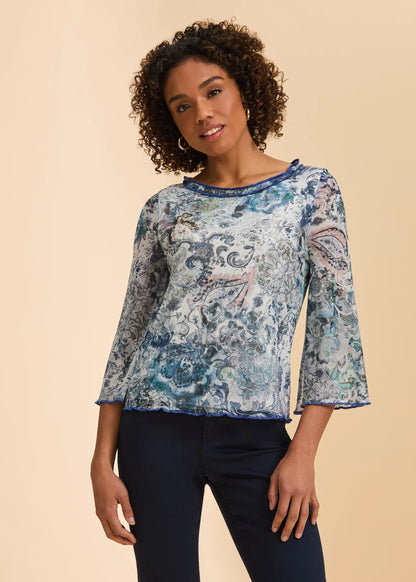 Mesh Bell Sleeve Abstract Print Top. Style FD3980603