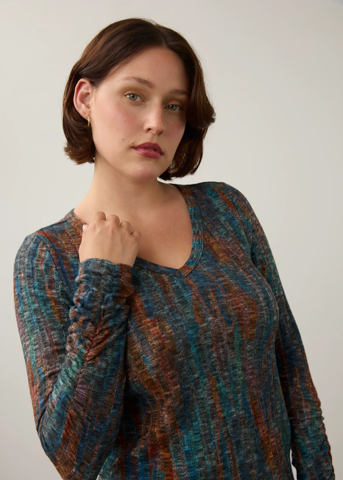 Long Sleeve Abstract Print Ribbed Knit Top. Style FD3262508