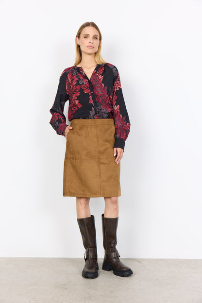 Black & Red Abstract Pattern V-Neck Button Front Top. Style SOYA4F41394