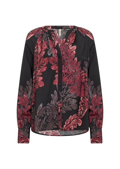 Black & Red Abstract Pattern V-Neck Button Front Top. Style SOYA4F41394