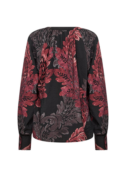 Black & Red Abstract Pattern V-Neck Button Front Top. Style SOYA4F41394
