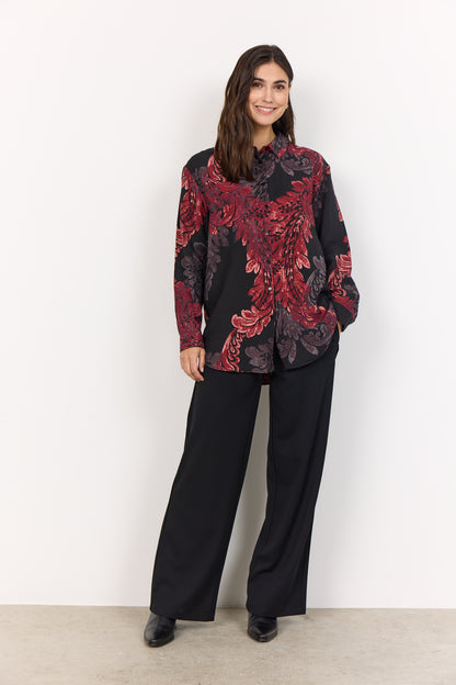 Button Front Red & Black Abstract Print Top. Style SOYA4F41395