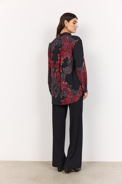 Button Front Red & Black Abstract Print Top. Style SOYA4F41395