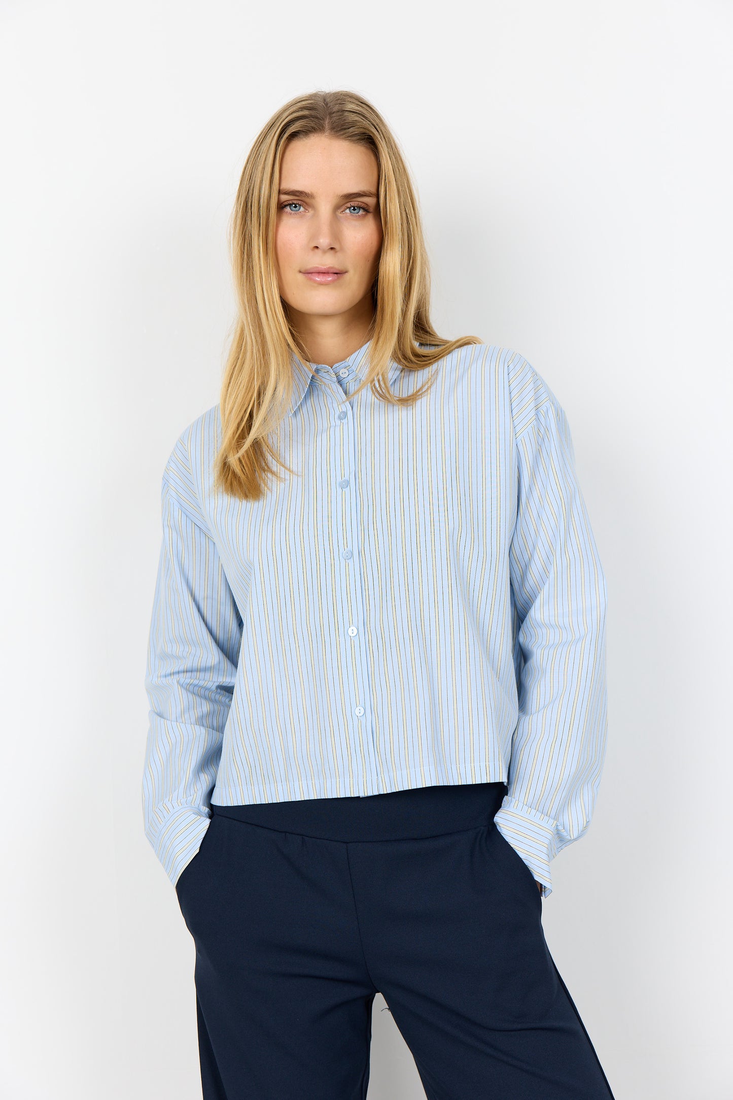 Vertical Stripes Long Sleeve Cropped Button Up Blouse. Style SOYA41608