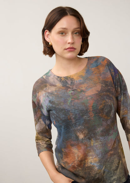 Abstract Print Boat Neck Drop Shoulder Top. Style FD3901451