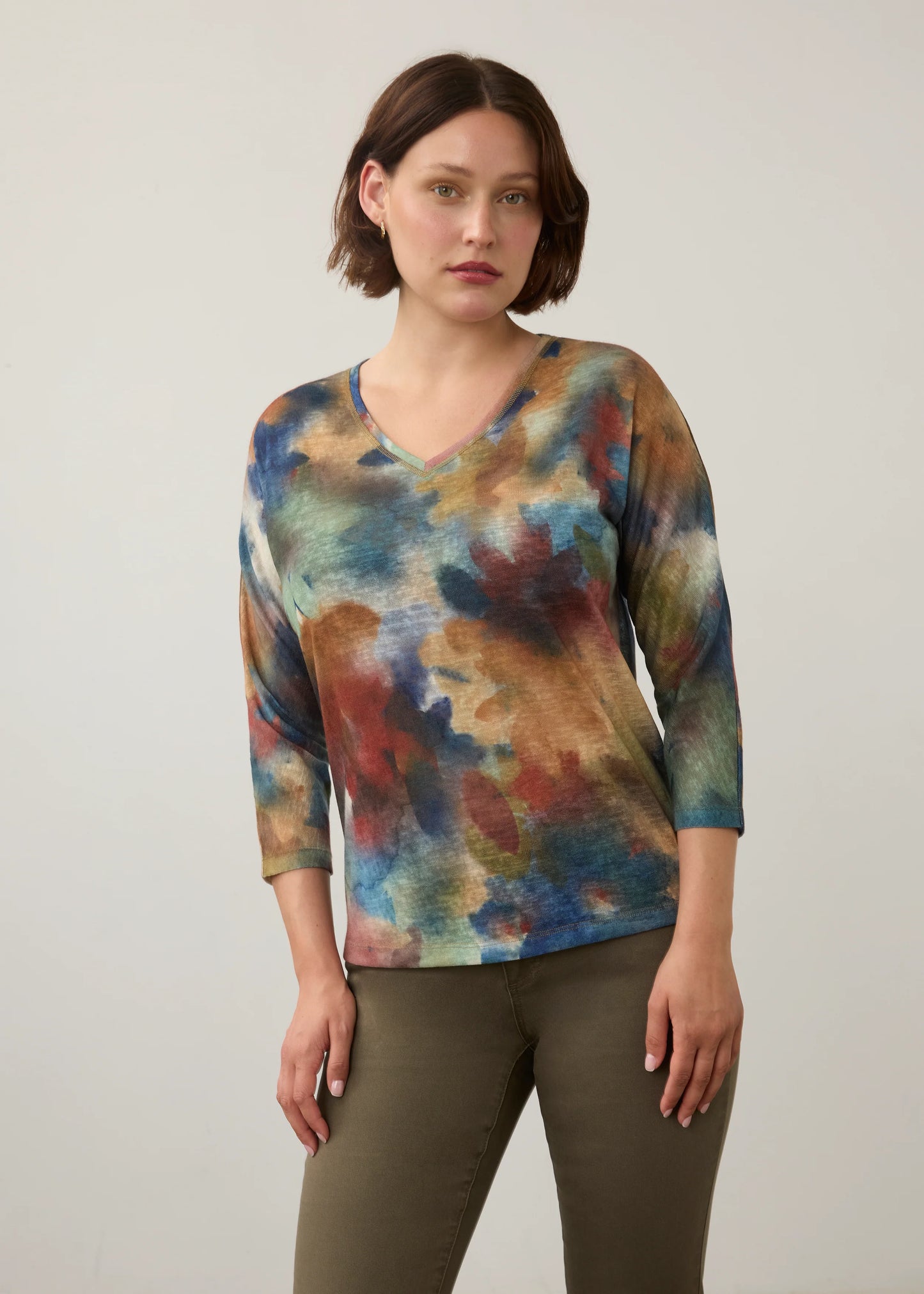 V-Neck Drop Shoulder Abstract Print Top. Style FD3556451