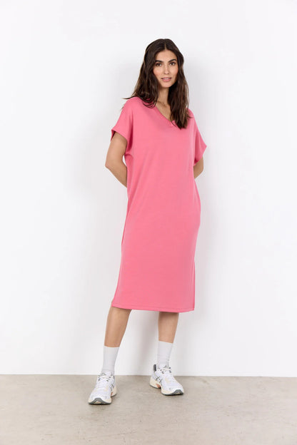 V-Neck Drop Shoulder Soft Stretch Fabric Midi Dress. Style SOYA27539