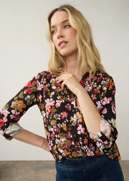 Button Front Collared Smocking Detail Floral Print Top. Style FD7796397