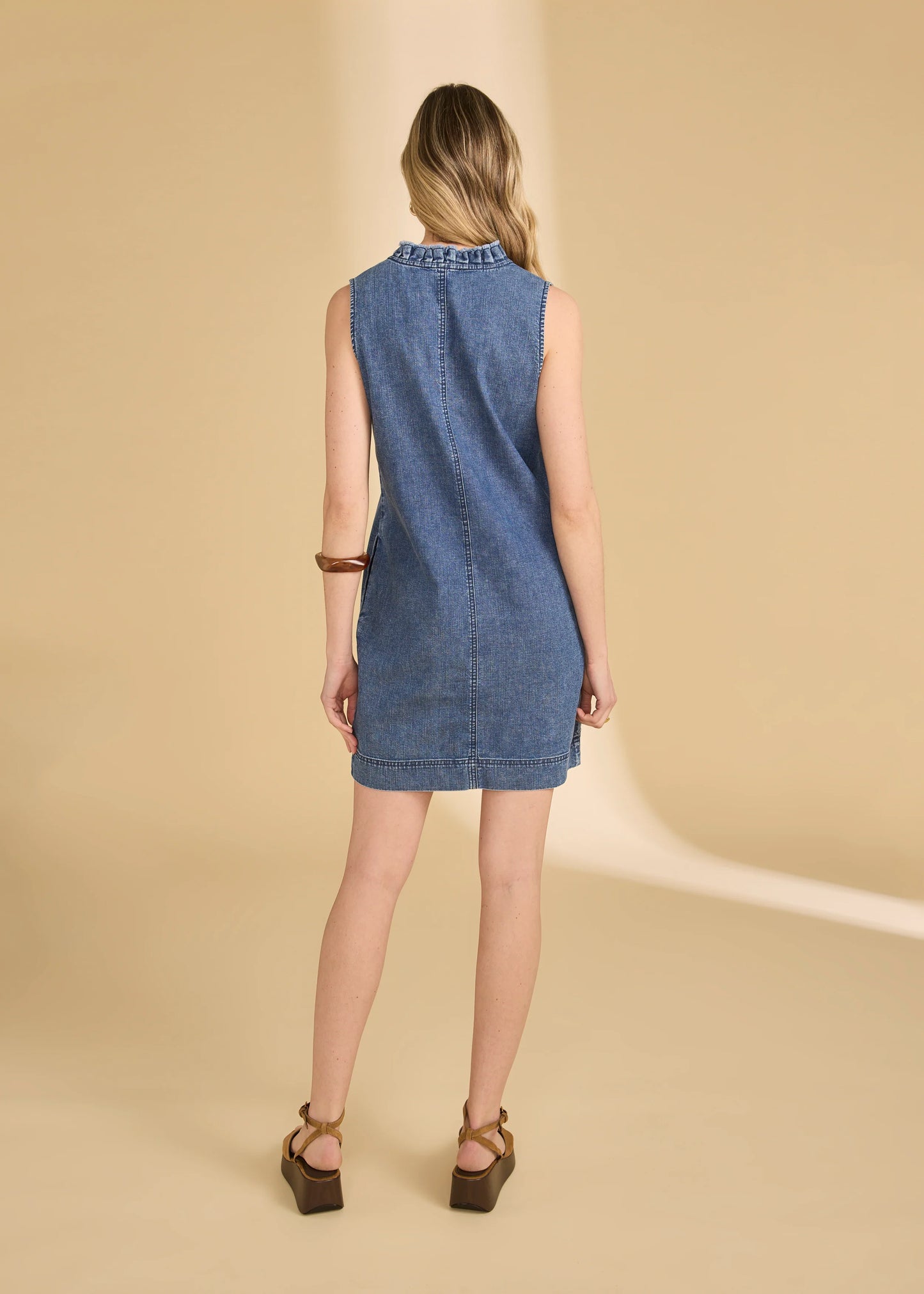 Detailed V-Neck & Sleeveless Denim Mini Dress. Style FD7904992