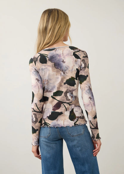 Ruffled Lettuce Trim V-Neck Floral Top. Style FD3077161