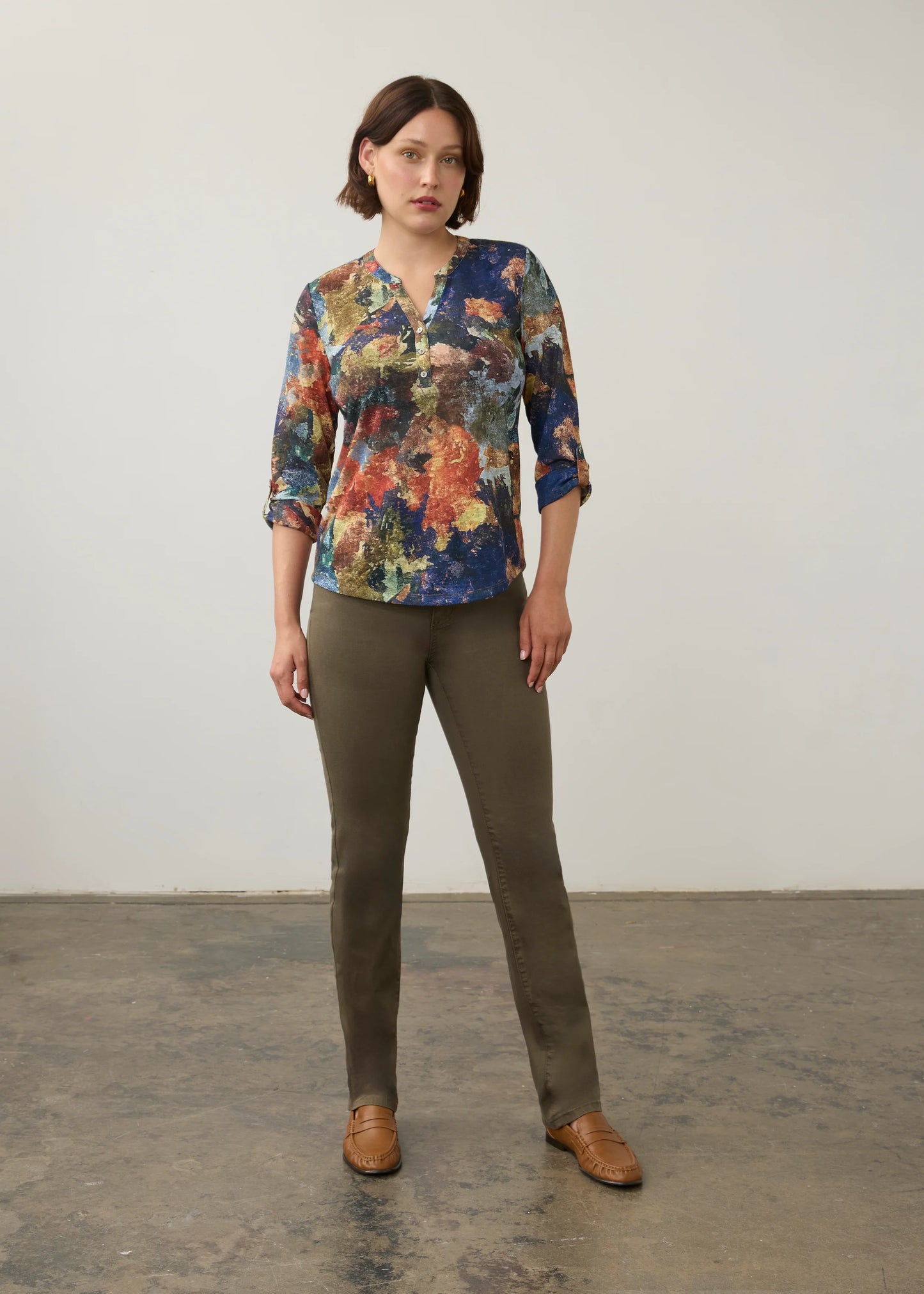 Henley 3/4 Sleeve Abstract Print Top. Style FD3571451