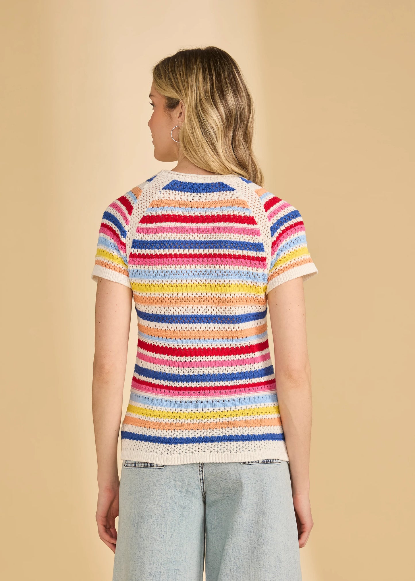 Colourful Stripes Crochet Short Sleeve Top. Style FD1119314