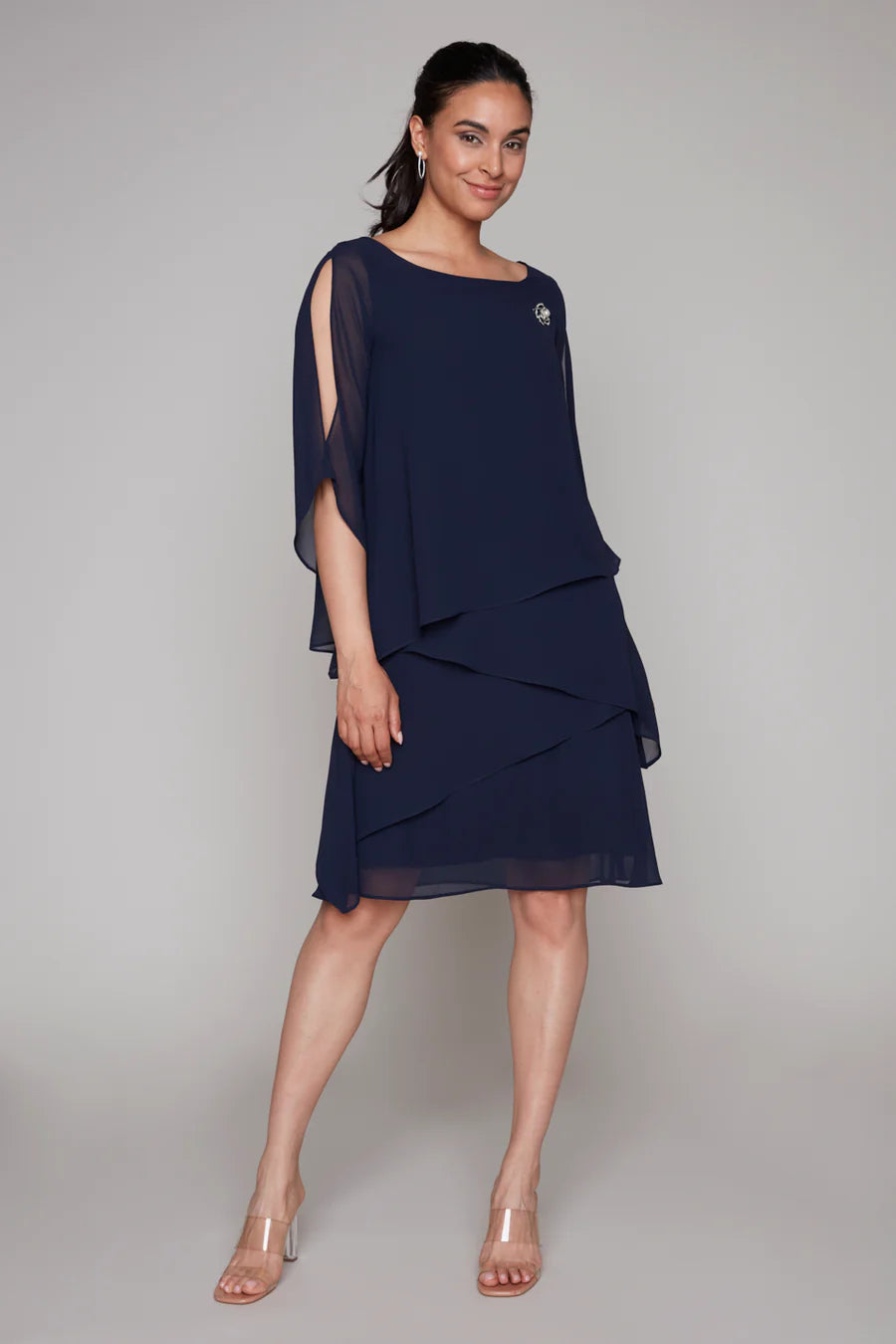 Layered Brooch Detail 3/4 Slit Sleeves Midi Dress. Style CK50199