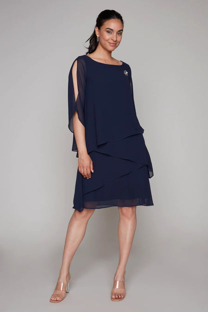 Layered Brooch Detail 3/4 Slit Sleeves Midi Dress. Style CK50199