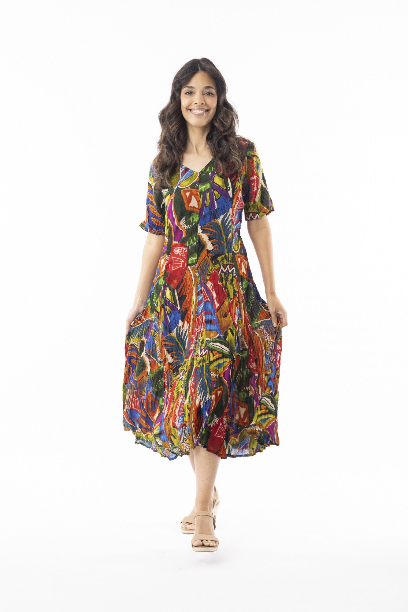 Fit & Flare Back Tie Short Sleeve "Torgua" Print Dress. Style ORI91-257