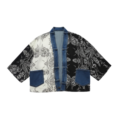 Printed & Denim Trim Open Front Loose Cardigan. Style SHNP5262