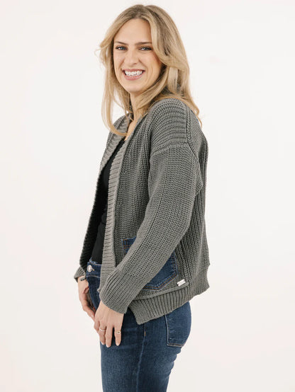Open Front Denim Pockets Band Cardigan. Style SHNP5323
