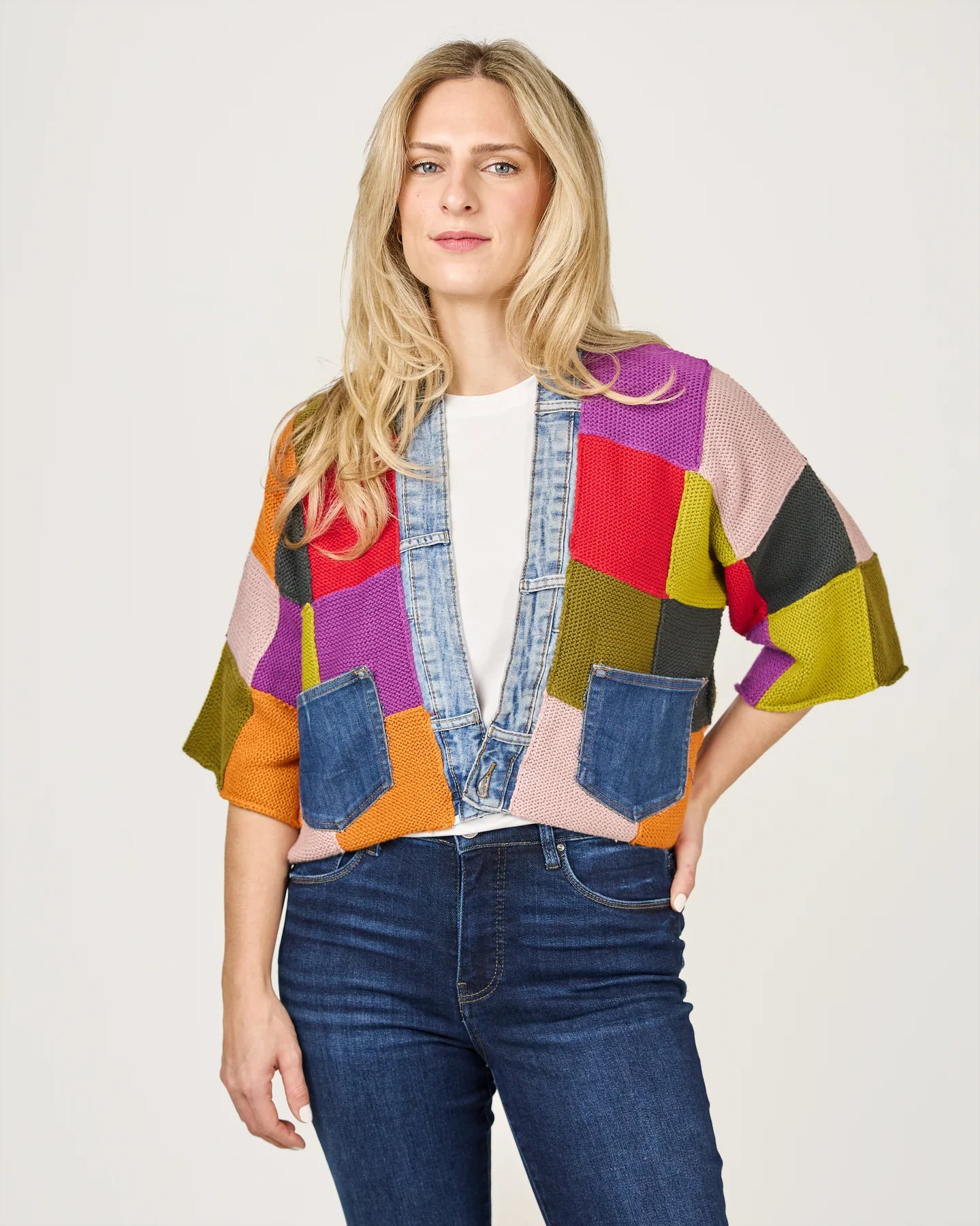 Patchwork Chunky Knit & Upcycled Denim Cardigan. Style SHNP5429