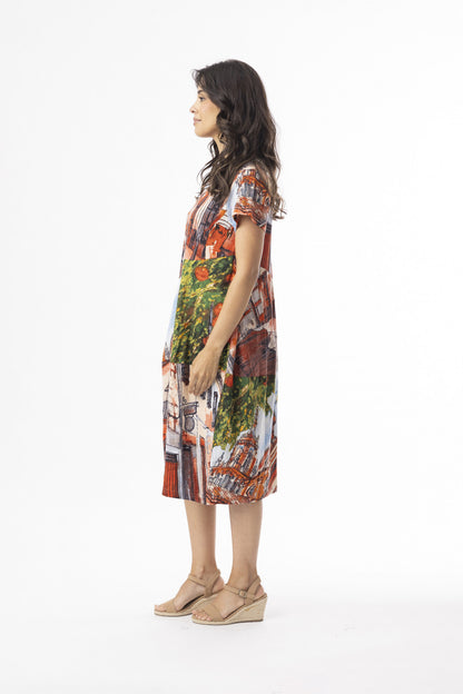 Abstract Print Short Sleeve Bubble Silhouette Dress. Style ORI20-151