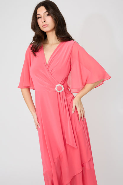 V-Neck Wrap Jewel Detail Midi Dress. Style JR261714