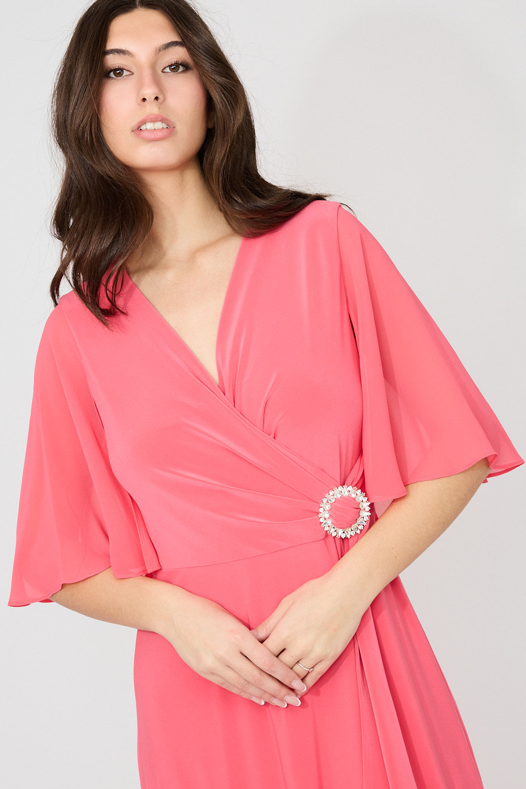 V-Neck Wrap Jewel Detail Midi Dress. Style JR261714