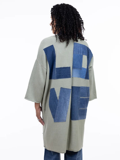"Love" Denim Applique Long Length Cardigan. Style SHNP5547