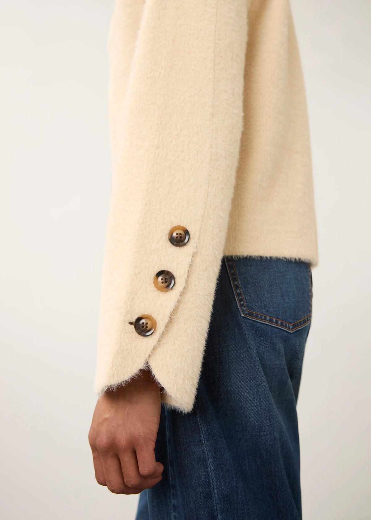 Collarless Fuzzy Knit Button Front Jacket. Style FD10047431