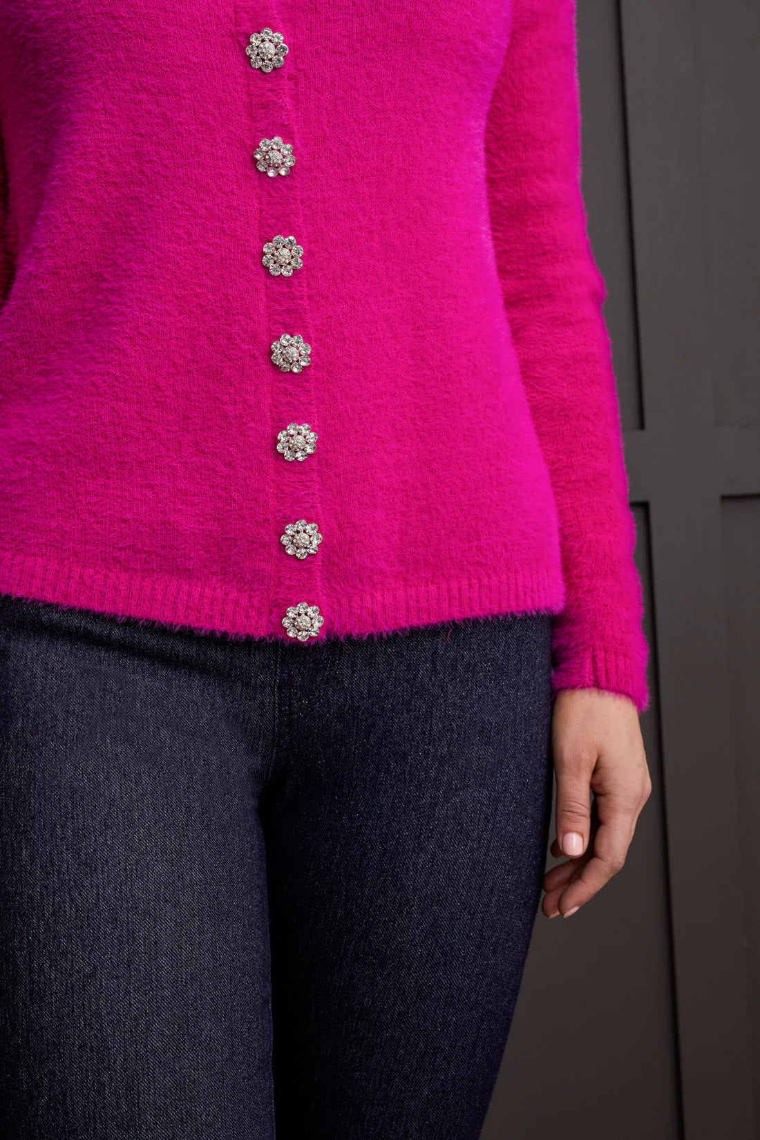 Fancy Button Fuzzy Knit Cardigan. Style TR5617O-5090