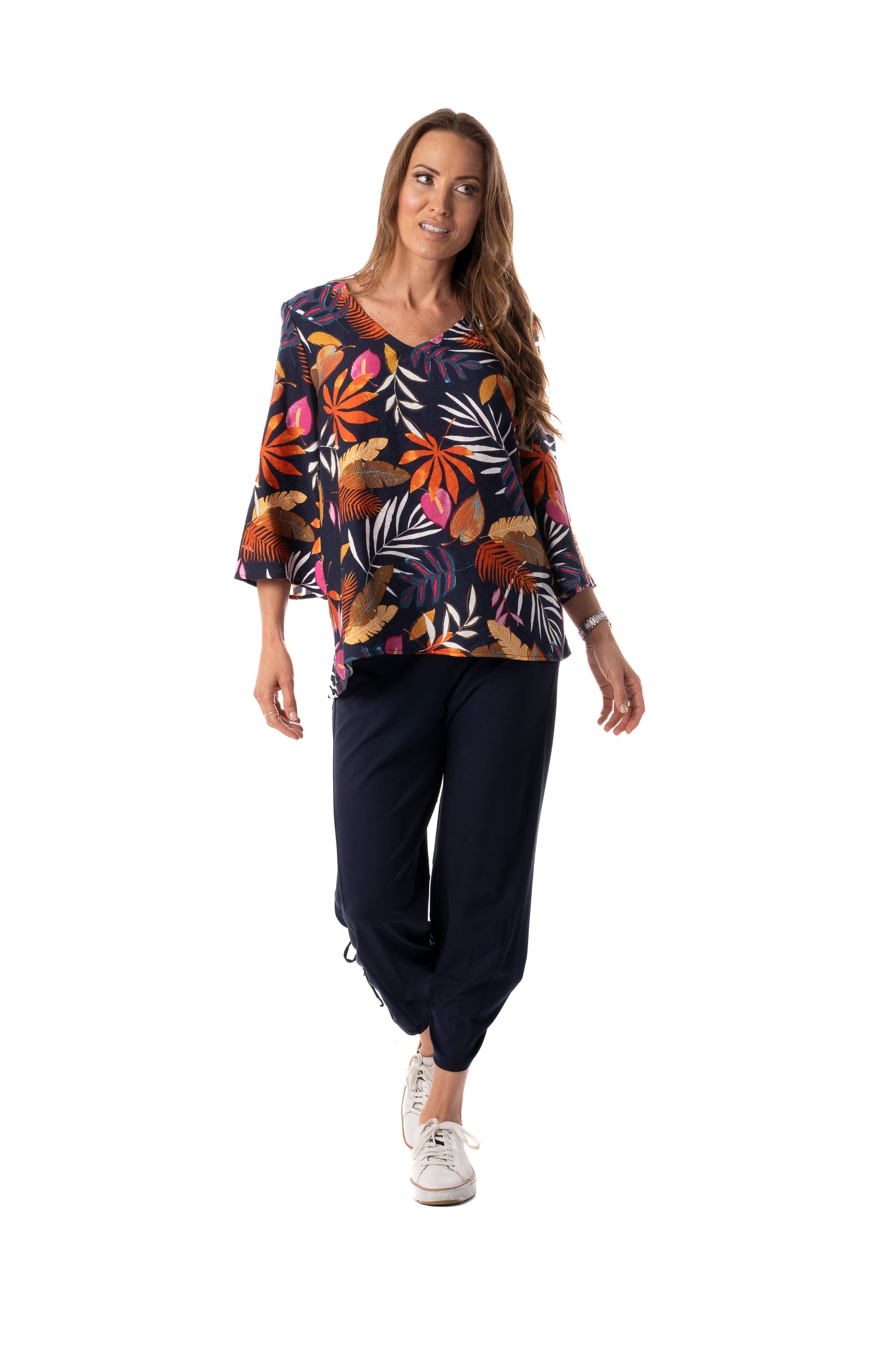 V-Neck Flare 3/4 Sleeve Leaf Print Top. Style PE588-4633