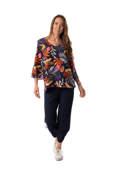 V-Neck Flare 3/4 Sleeve Leaf Print Top. Style PE588-4633