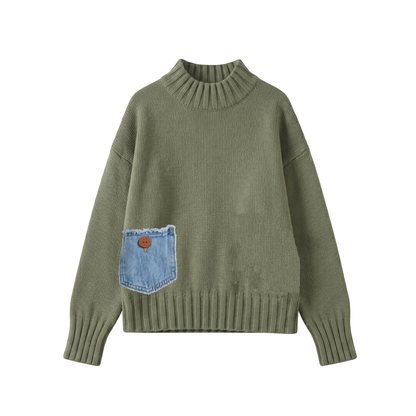 Mock Neckline Long Sleeve Denim Pocket Knit Sweater. Style SHNP5904