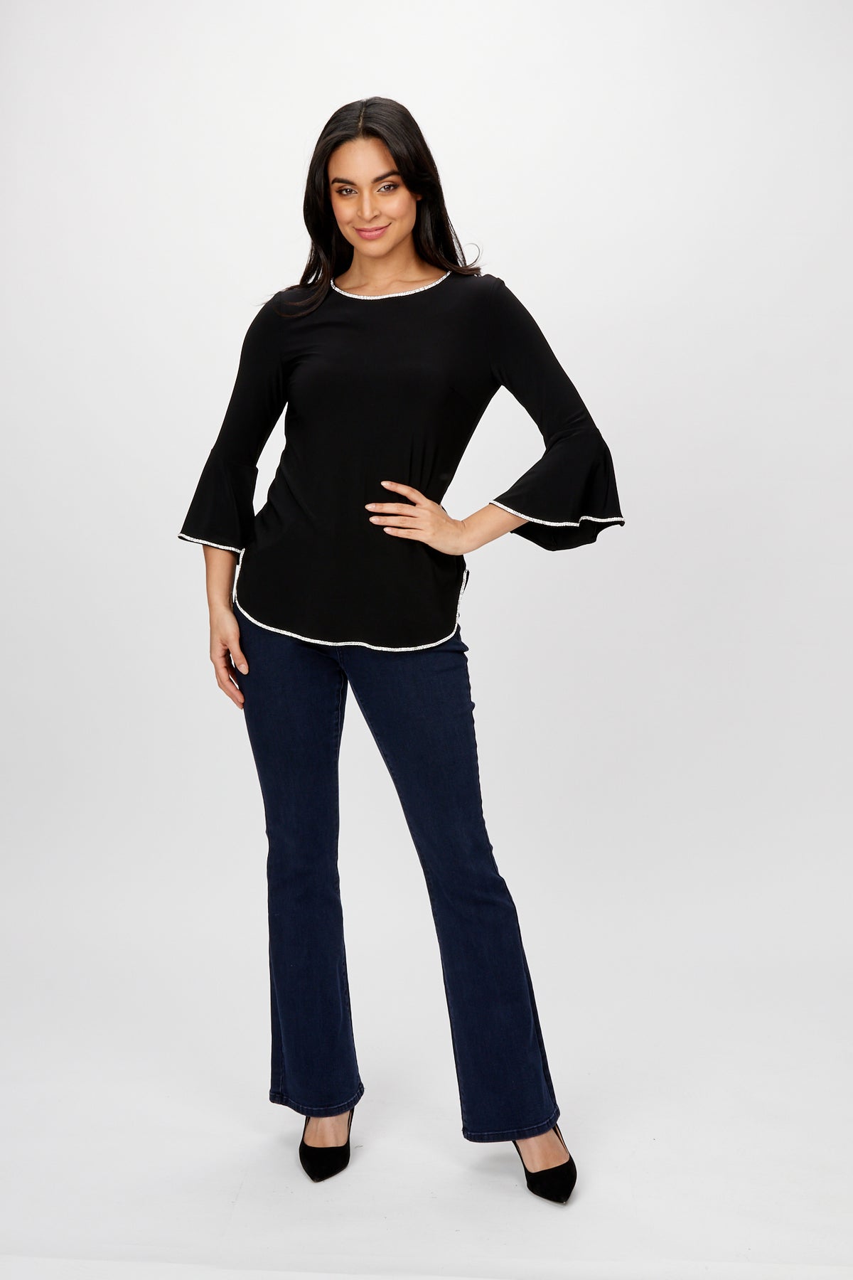 Rhinestone Trim Bell Sleeves Round Neck Top. Style FL198008