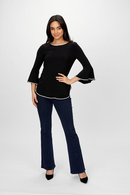 Rhinestone Trim Bell Sleeves Round Neck Top. Style FL198008