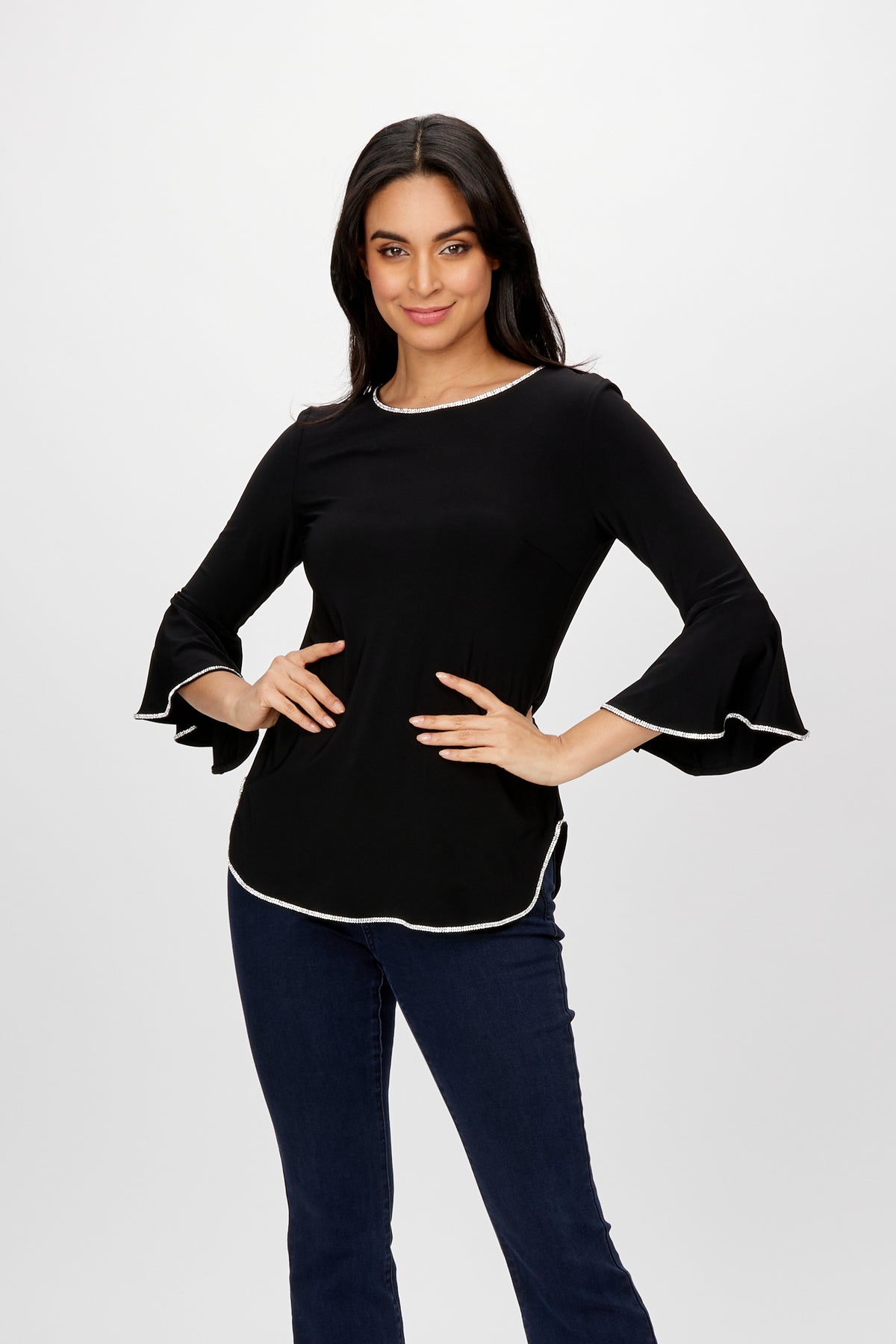 Rhinestone Trim Bell Sleeves Round Neck Top. Style FL198008