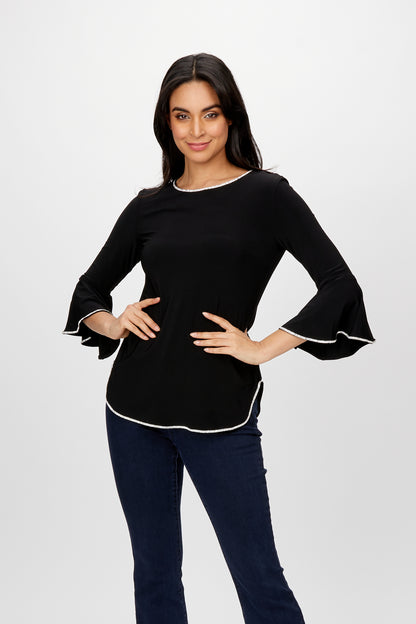 Rhinestone Trim Bell Sleeves Round Neck Top. Style FL198008
