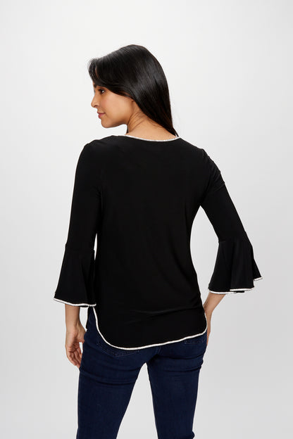 Rhinestone Trim Bell Sleeves Round Neck Top. Style FL198008
