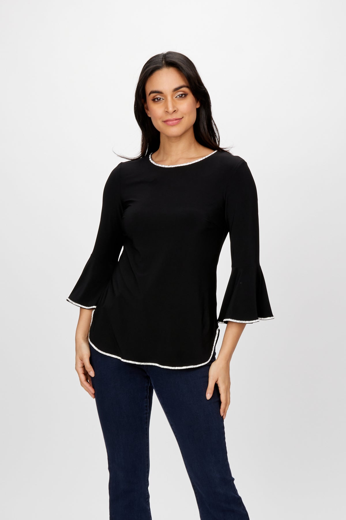 Rhinestone Trim Bell Sleeves Round Neck Top. Style FL198008