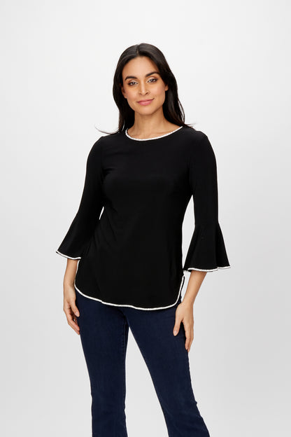 Rhinestone Trim Bell Sleeves Round Neck Top. Style FL198008