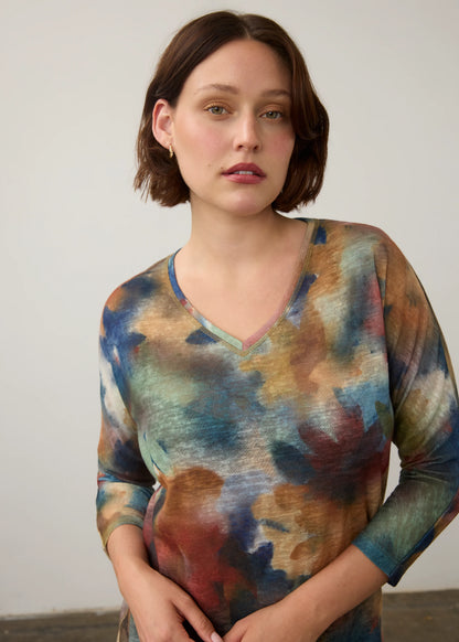 V-Neck Drop Shoulder Abstract Print Top. Style FD3556451